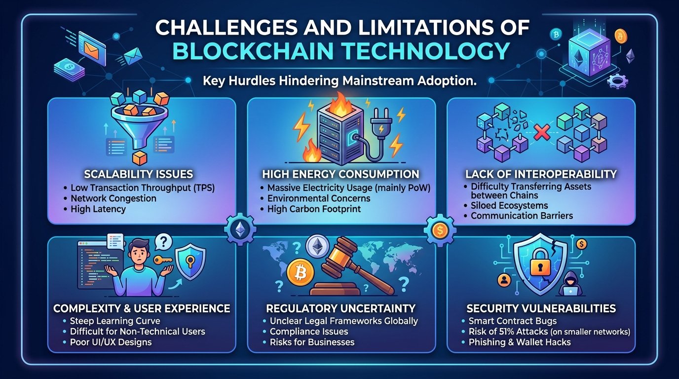 Challenges and Limitations Despite its benefits, blockchain technology faces several challenges